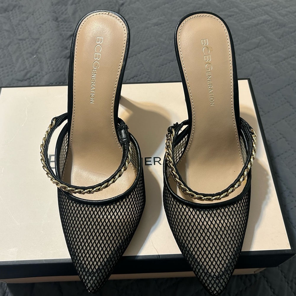 BCBGeneration Black Mesh Heels with Gold Accents